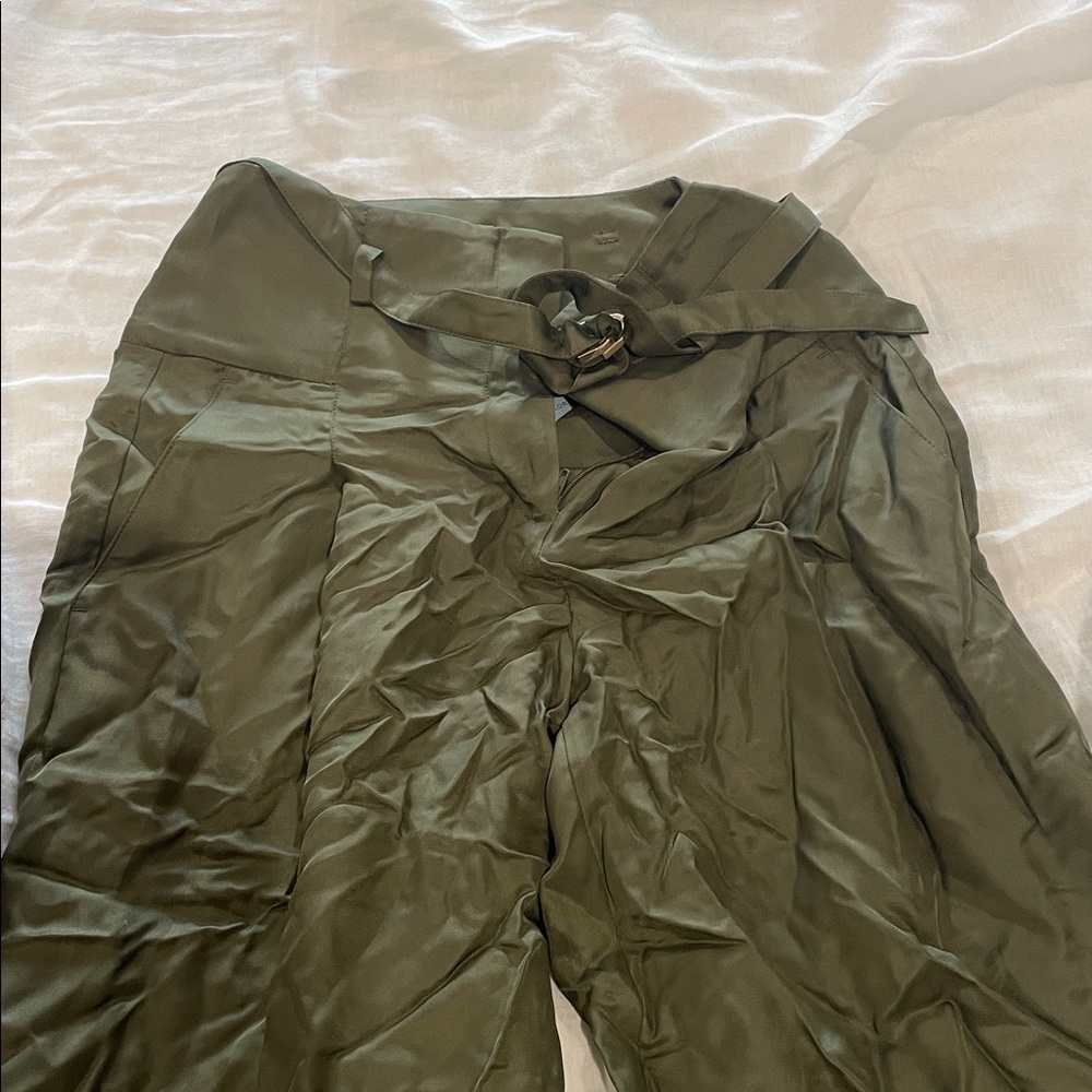 Ann Taylor green  Khaki Satin Trousers with gold Belt